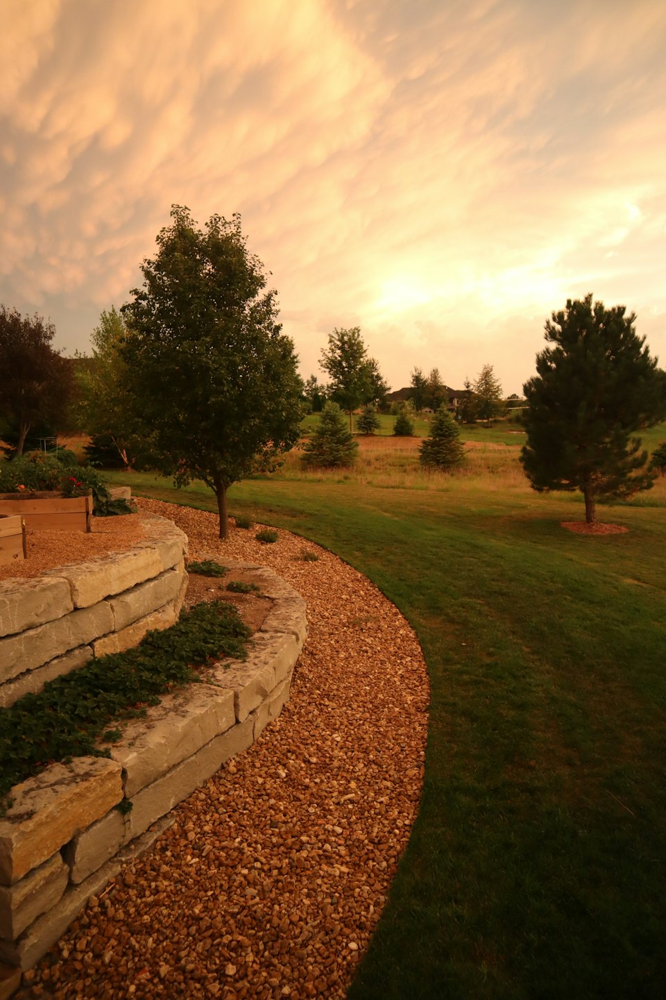 Landscaped yard with stone wall, path, lawn, and trees.